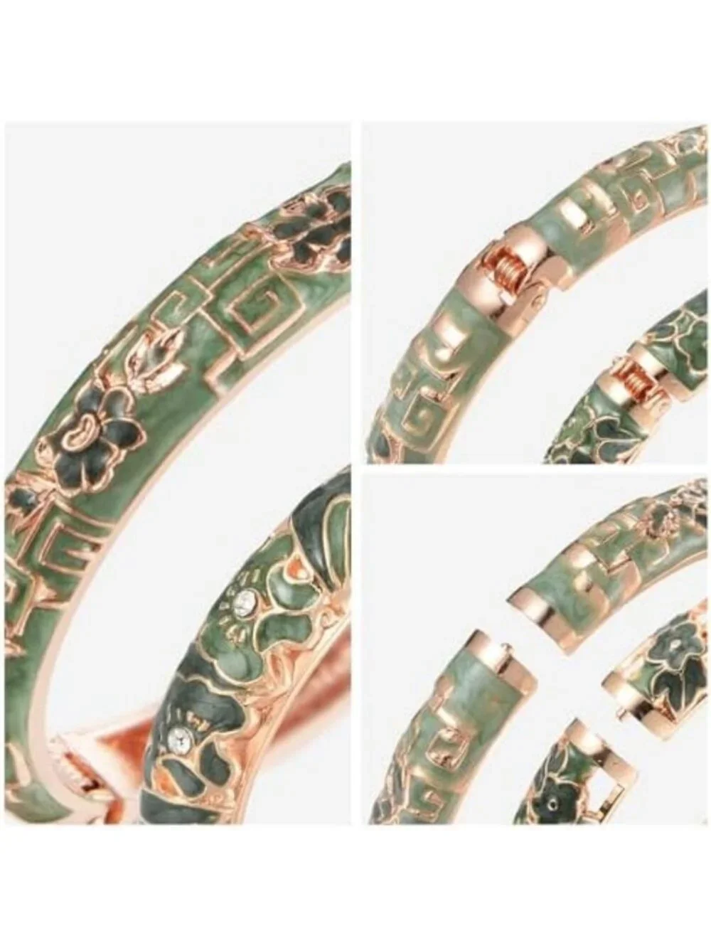 Handcrafted Vintage Cloisonne Enameled Rhinestone Rose Cuff Bracelet - Unique